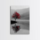 Red Tree, Foggy Lake, Peaceful Landscape Scene, Framed Canvas Print, Autumn Nature Wall Art, Minimalist Fall Decor, Moody Aesthetic