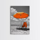 Orange Umbrella Shade, Beach Chill Scene, Relax Spot, Framed Canvas Print, Summer Wall Art, Vacation Vibe Decor, Minimalist Beach Art