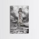 Rustic Lighthouse Shore, Weathered Tower Art, Stormy Coast Scene, Moody Seaside, Framed Canvas Print, nautical bathroom or den wall decor