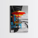 Seaside Café, Colorful Tables, Ocean Dining, Framed Canvas Print, Tropical Wall Art, Kitchen Decor, Bright Coastal Boho Style