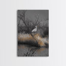 Egret Bird Scene, Autumn Riverbank, Wildlife Nature Print, Moody Wetland Landscape, Framed Canvas Print, Rustic Living Room Wall Art