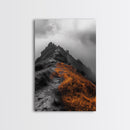 Misty Mountain Hike, Orange Trail Grass, Adventure Explorer Print, Moody Wilderness Scene, Framed Canvas Print, Rustic Cabin Wall Art