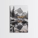 Snow Reflection Forest, Autumn Trees, Serene Mountain River, Framed Canvas Print, Bedroom Wall Art, Peaceful Cabin Scene, Fall Art