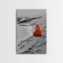 Red Cloaked Solitude, Minimalist Seashore, Peaceful Hooded Figure, Framed Canvas Print, Meditation Room Art, Surreal Photography