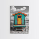 Colorful Beach Hut, Surf Shack, Coastal Cabin, Framed Canvas Print, Tropical Wall Art, Living Room Decor, Bright Summer Home Style