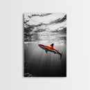 Red Shark, Underwater Scene, Ocean Light Rays, Color Contrast, Canvas Print, Modern Marine Art, Bathroom Wall Art, Nautical Style