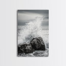 Ocean Splash, Rocky Coast, Dramatic Seascape, Monochrome Power, Framed Canvas Print, Coastal Wall Art, Entryway or Office Decor