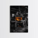 Forge Fire, Rustic Workshop, Industrial Heat, Metal Craft, Framed Canvas Print blacksmith decor, man cave wall art, moody workshop vibe