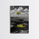 Solitary Tree, Desert Reflection, Yellow Leaves, Framed Canvas Print, Minimalist Wall Art, Bedroom Decor, Nature Fine Art Landscape