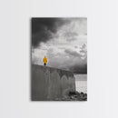 Yellow Raincoat, Ocean Storm, Moody Skies, Framed Canvas Print, Minimalist Wall Art, Coastal Entryway Decor, Contemplative Scene