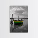 Green Yellow Boat, Serene Reflection, Dockside Calm, Framed Canvas Print, Coastal Bedroom Decor, Minimal Nautical Wall Art