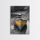Rustic Canoe, Weathered Paint, River Adventure Art, Framed Canvas Print, Cabin Wall Decor, Color Pop Nature Photography