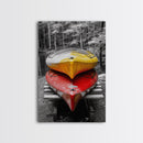 Stacked Kayaks, Red and Yellow, Forest Wall Art, Canvas Print, Adventure Photography, Outdoor Cabin Decor, Fall Travel Vibes