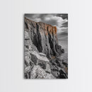 Rugged Cliff Coast, Ocean Rocks, Dramatic Sky, Seaside View, Framed Canvas Print, Coastal Decor, Living Room Wall Art, Earthy Tones