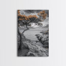 Coastal Tree, Ocean Horizon, Windswept Shoreline, Tranquil Mood, Framed Canvas Print, Minimalist Wall Art, Neutral Tones, Zen Decor