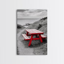 Red Picnic Bench, Ocean View Path, Seaside Escape, Vibrant Accent, Framed Canvas Print, Beach House Wall Art, Modern Coastal Decor