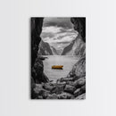 Yellow Boat, Mountain Lake, Serene Fjord Scene, Framed Canvas Print, Minimalist Wall Art, Nature Landscape, Scandinavian Decor