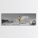 Yellow Suit, Surreal Desert, Lone Wanderer, Conceptual Art — Framed Canvas Print, Modern Art, Office Decor, Minimalist Statement Piece