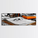 Open Book, Glasses, Orange Folders, Writer Desk, Framed Canvas Print, Study Room Wall Art, Vintage Academic Aesthetic
