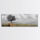 Lone Tree, Meadow Path, Dreamy Field, Cloudy Sky, Framed Canvas Print, Calm Decor, Entryway Wall Art, Soft Focus Nature