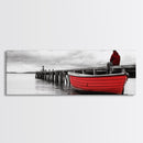 Red Boat Dock, Lonely Harbor View, Seaside Silence, Framed Canvas Print, Nautical Wall Art, Beach House Decor, Moody Coastal Vibes