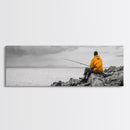 Peaceful Angler View, Yellow Hoodie Fisherman, Canvas Print, Minimalist Seaside Wall Art, Coastal Living Room Art, Fishing Lover Gift