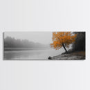 Foggy Riverbank Tree, Orange Fall Tree, Framed Canvas Print, Autumn Nature Scene, Moody Landscape Wall Art, Rustic Bedroom Decor