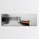 Harbor Rowboat Reflection, Foggy Dock Scene, Framed Canvas Print, Coastal Minimalist Wall Art, Seaside Entryway Decor, Moody Ocean Art
