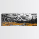Majestic Mountain Scene, Snow Peaks and Meadows, Alpine Wilderness View, Framed Canvas Print, Cabin Wall Decor, Nature Wall Art
