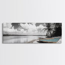 Tropical Boat, Deserted Beach, Palms and Clouds, Ocean Peace, Framed Canvas Print, Boho Wall Art, Bedroom Decor, Seaside Minimalism