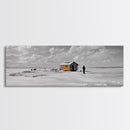 Winter Fishing, Ice House, Snowy Sky, Arctic Chill, Framed Canvas Print, Cabin Wall Art, Minimalist Winter Decor, Monochrome Scene