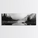 Foggy Pines, Mountain Reflection, Monochrome Wilderness, Canvas Print, black and white wall art, cabin decor, minimalist forest scene