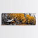 Fall Forest Cabin, Golden Autumn Trees, Riverside Retreat, Framed Canvas Print, Rustic Country Wall Art, Living Room Cabin Decor