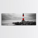 Lighthouse Coastline, Red Beacon, Stormy Sea, Black and White Landscape, Framed Canvas Print, Nautical Decor, Office Wall Art, Modern Style