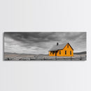 Yellow House, Stormy Sky, Minimalist Landscape, Rural Farmhouse, Framed Canvas Print, Rustic Wall Decor, Living Room Wall Art