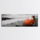 Beach Buoy, Coastal Drift, Orange Marker, Tidal Shore, Framed Canvas Print, Bathroom Wall Decor, Nautical Minimalism, Modern Ocean Art