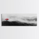 Lone Red Tree, Misty Hills, Minimalist Landscape, Framed Canvas Print, serene bedroom wall art, abstract black and white decor