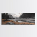 Misty Lake, Mountain Valley, Autumn Morning, Canvas Print, peaceful wilderness scene, rustic cabin decor, cozy nature artwork