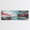 Poolside Escape, Beach Umbrellas, Luxury Retreat, Modern Resort, Framed Canvas Print, Vacation Vibes, Coastal Living, Bedroom Wall Art