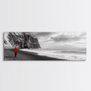 Red Jacket Wanderer, Moody Coastal Cliff Scene, Monochrome Photography, Framed Canvas Print, Modern Minimalist Office Wall Art