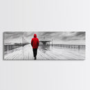 Red Jacket Walk, Rainy Boardwalk Scene, Urban Solitude, Moody Landscape Photography, Canvas Print, Entryway Wall Art, Minimalist Decor
