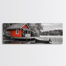 Lakeside Cabin Red, Boat House Retreat, Serene Waterfront, Autumn Color Pop, Canvas Print, Cozy Living Room Wall Art, Nature Home Decor
