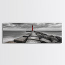 Red Lighthouse Coast, Seaside Rock Jetty, Stormy Sky Mood, Nautical Beacon View, Canvas Print, Bathroom Wall Art, Coastal Modern Decor