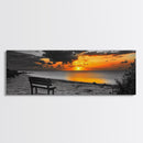 Sunset Beach Bench, Serene Coastal Scene, Solitude View, Framed Canvas Print, Minimalist Wall Art, Living Room, Relaxing Home Decor