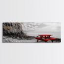 Red Picnic Table, Rocky Shore Cliffs, Bold Coastal View, Framed Canvas Print, Rustic Wall Art, Cabin Decor, Nature Lovers Gift
