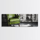 Green Leather Chair, Industrial Urban Scene, Chic Lounge Interior, Framed Canvas Print, Modern Wall Art, Man Cave Office Decor