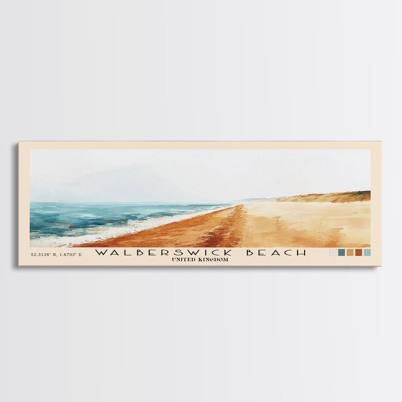 Walberswick Beach, United Kingdom Watercolor Beach Print, Vacation Gift, United Kingdom Wall Art, Framed Canvas Print, Framed Beach Painting