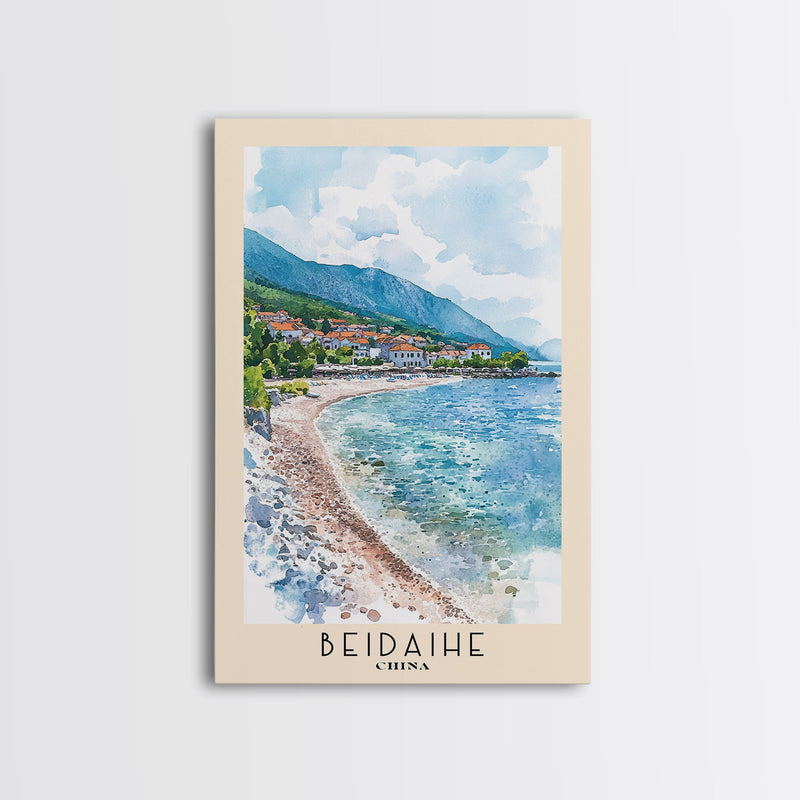 Beidaihe, China Watercolor Beach Print, Vacation Gift, China Wall Art, Framed Canvas Print, Framed Beach Painting