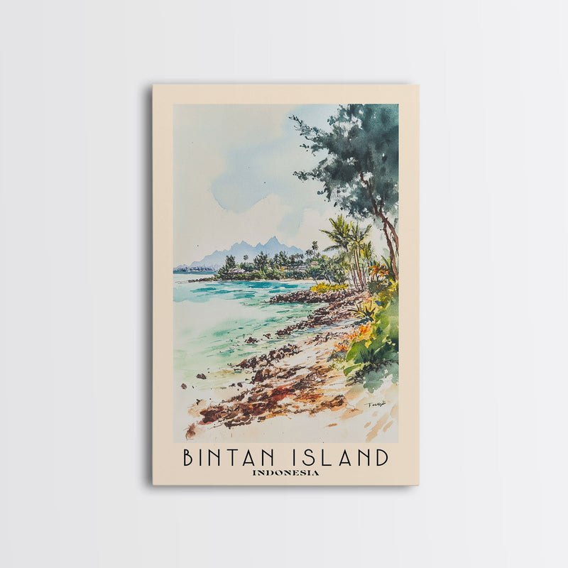 Bintan Island, Indonesia Watercolor Beach Print, Vacation Gift, Indonesia Wall Art, Framed Canvas Print, Framed Beach Painting