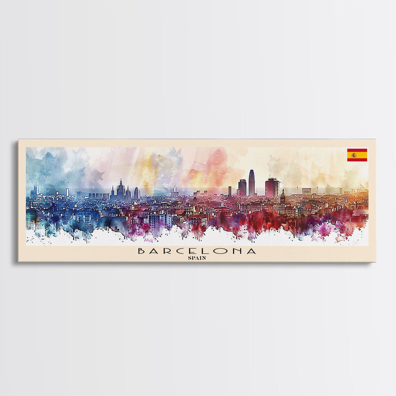 Barcelona Spain Travel Art, City Art, Framed Canvas Print or Metal Wall Art, Europe Travel Poster, Panoramic Wall Art, Extra Wide Wall Art